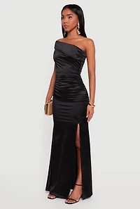 Womens Satin Asymmetrical Fold Over Off the Shoulder Maxi Dress,