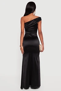Womens Satin Asymmetrical Fold Over Off the Shoulder Maxi Dress,