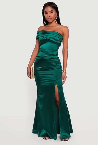 Satin Fold Over One Shoulder Maxi Dress