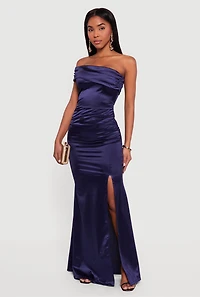 Satin Fold Over One Shoulder Maxi Dress