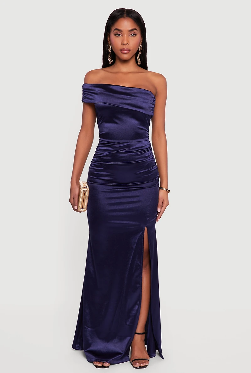 Satin Fold Over One Shoulder Maxi Dress