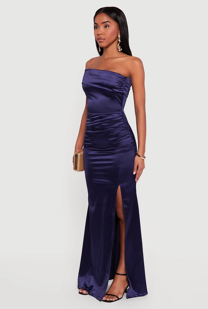 Satin Fold Over One Shoulder Maxi Dress