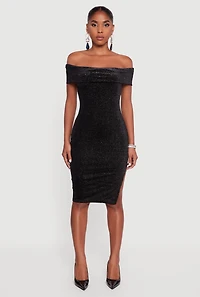 Womens Velvet Glitter Off the Shoulder Midi Dress with Side Slit, Black, Size S