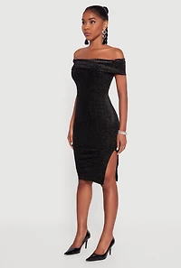 Womens Velvet Glitter Off the Shoulder Midi Dress with Side Slit, Black, Size S