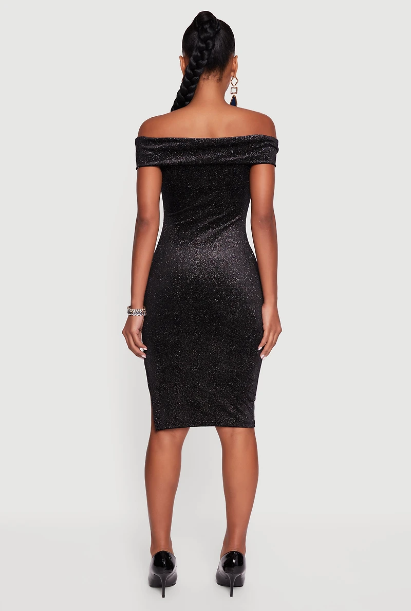 Womens Velvet Glitter Off the Shoulder Midi Dress with Side Slit, Black, Size S