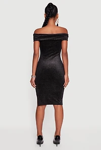 Womens Velvet Glitter Off the Shoulder Midi Dress with Side Slit, Black, Size S