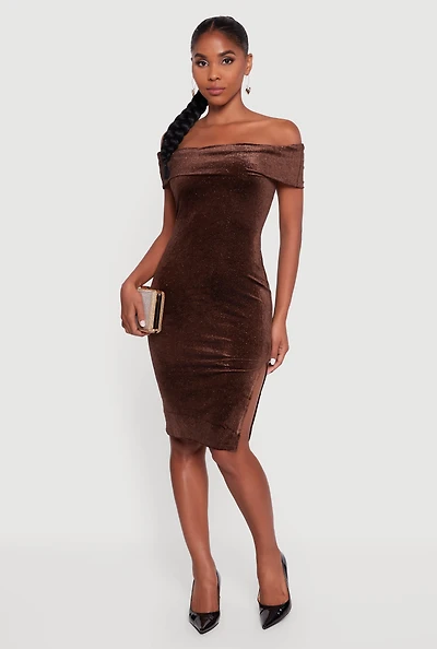 Womens Velvet Glitter Off the Shoulder Midi Dress with Side Slit,