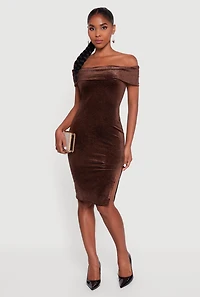 Velvet Glitter Off the Shoulder Midi Dress with Side Slit