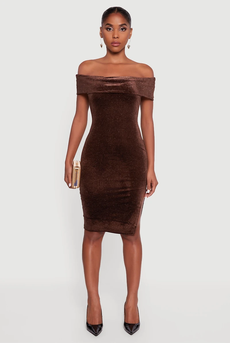 Velvet Glitter Off the Shoulder Midi Dress with Side Slit