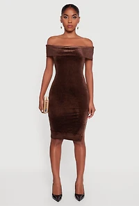 Velvet Glitter Off the Shoulder Midi Dress with Side Slit