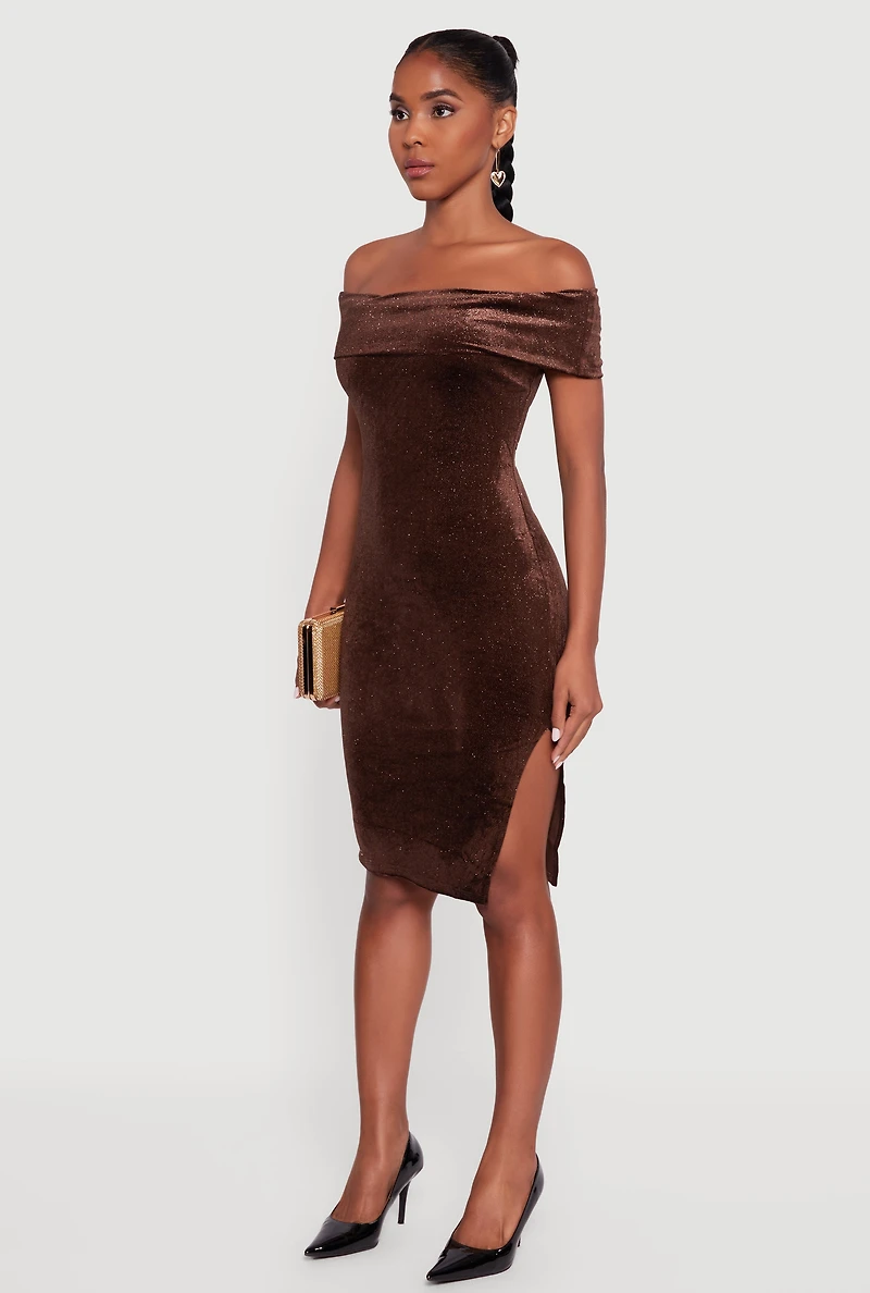 Velvet Glitter Off the Shoulder Midi Dress with Side Slit