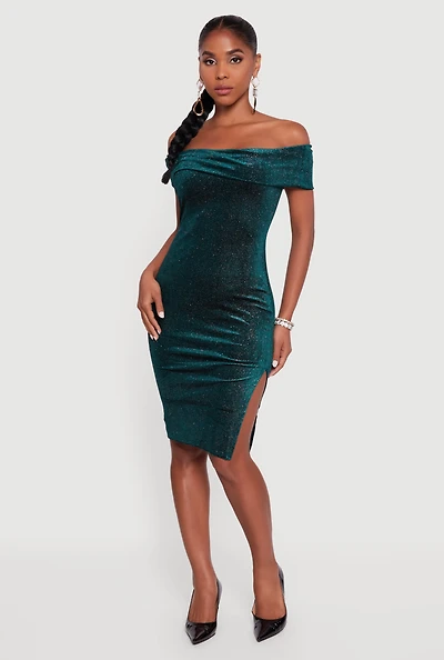 Womens Velvet Glitter Off the Shoulder Midi Dress with Side Slit, Green, Size M