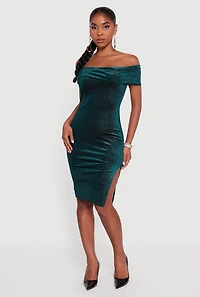 Womens Velvet Glitter Off the Shoulder Midi Dress with Side Slit, Green, Size M