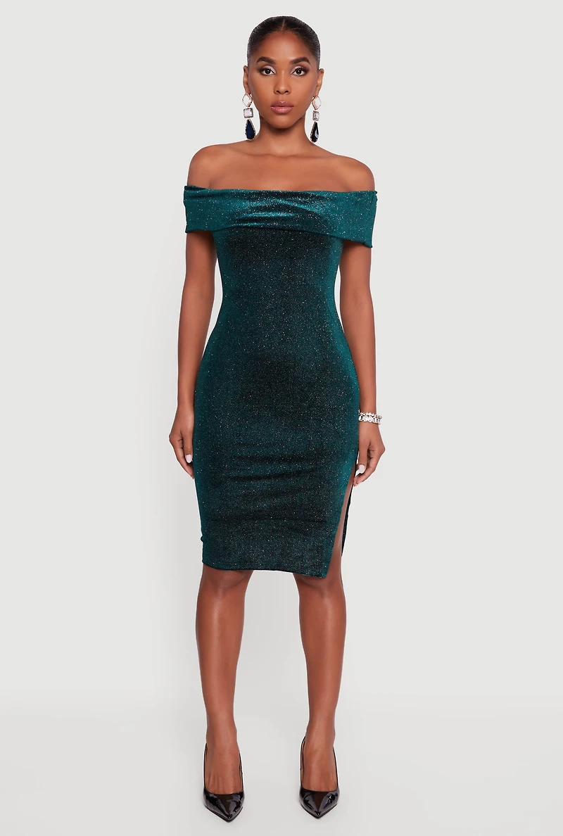 Womens Velvet Glitter Off the Shoulder Midi Dress with Side Slit, Green, Size M