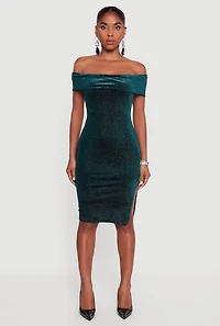 Womens Velvet Glitter Off the Shoulder Midi Dress with Side Slit, Green, Size M