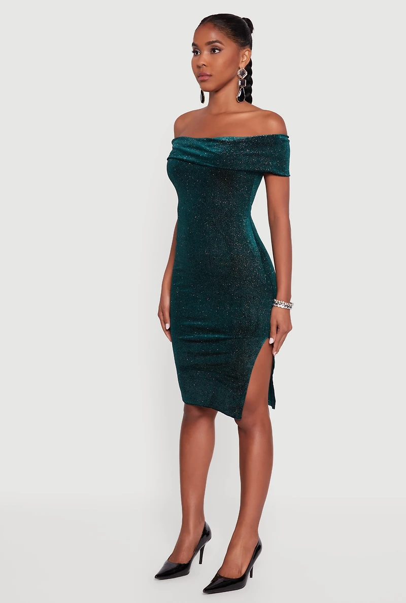 Womens Velvet Glitter Off the Shoulder Midi Dress with Side Slit, Green, Size M