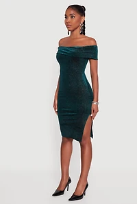 Womens Velvet Glitter Off the Shoulder Midi Dress with Side Slit, Green, Size M