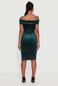 Womens Velvet Glitter Off the Shoulder Midi Dress with Side Slit, Green, Size M