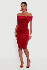 Velvet Glitter Off the Shoulder Midi Dress with Side Slit