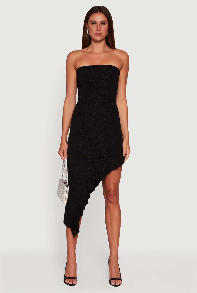 Womens Side Ruched Asymmetrical Ruffle Trim Glittery Midi Dress, Black, Size M