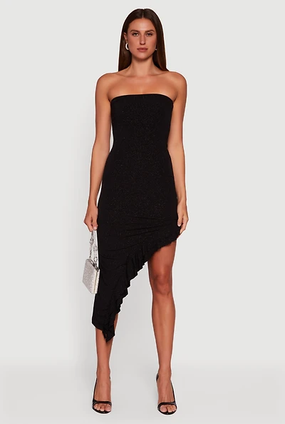 Womens Side Ruched Asymmetrical Ruffle Trim Glittery Midi Dress, Black, Size M