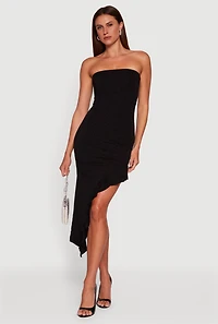 Womens Side Ruched Asymmetrical Ruffle Trim Glittery Midi Dress, Black, Size M