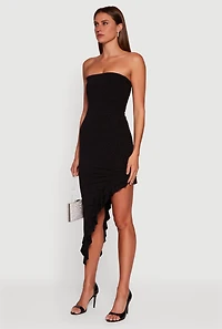 Womens Side Ruched Asymmetrical Ruffle Trim Glittery Midi Dress, Black, Size M