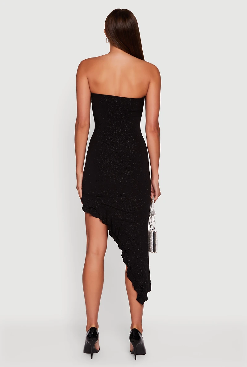 Womens Side Ruched Asymmetrical Ruffle Trim Glittery Midi Dress, Black, Size M