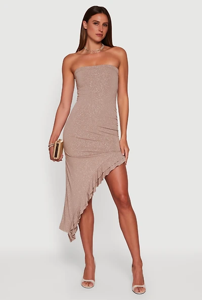 Womens Side Ruched Asymmetrical Ruffle Trim Glittery Midi Dress, Beige, Size L