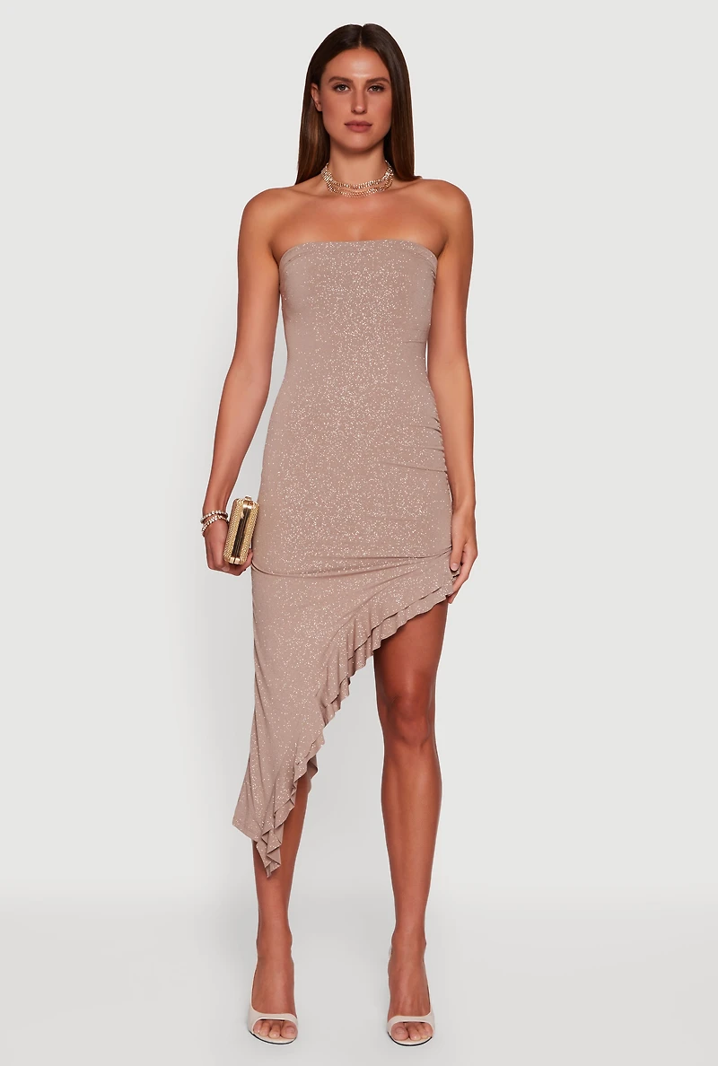 Womens Side Ruched Asymmetrical Ruffle Trim Glittery Midi Dress, Beige, Size L