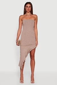 Womens Side Ruched Asymmetrical Ruffle Trim Glittery Midi Dress, Beige, Size L