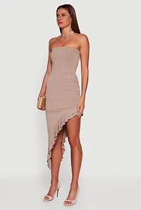 Side Ruched Asymmetrical Ruffle Trim Glittery Midi Dress