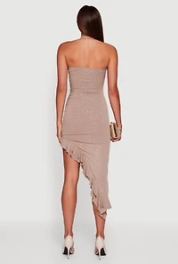 Womens Side Ruched Asymmetrical Ruffle Trim Glittery Midi Dress, Beige, Size L