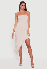 Womens Side Ruched Asymmetrical Ruffle Trim Glittery Midi Dress,