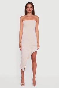 Womens Side Ruched Asymmetrical Ruffle Trim Glittery Midi Dress, Beige, Size M