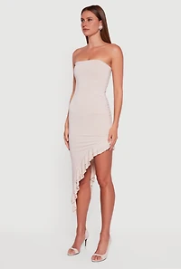 Womens Side Ruched Asymmetrical Ruffle Trim Glittery Midi Dress,