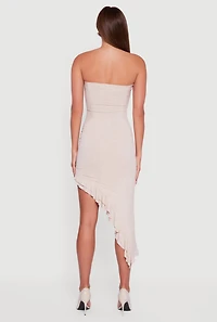 Womens Side Ruched Asymmetrical Ruffle Trim Glittery Midi Dress, Beige, Size M