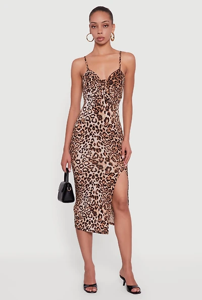 Womens Sleeveless Leopard Print Midi Dress with Tie Front, Brown, Size S