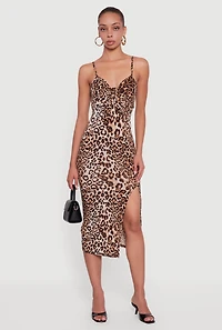 Womens Sleeveless Leopard Print Midi Dress with Tie Front, Brown, Size M