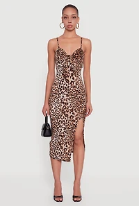 Womens Sleeveless Leopard Print Midi Dress with Tie Front, Brown, Size M