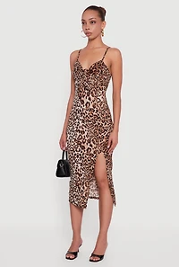 Womens Sleeveless Leopard Print Midi Dress with Tie Front, Brown, Size M