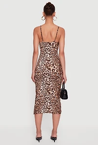 Womens Sleeveless Leopard Print Midi Dress with Tie Front, Brown, Size M