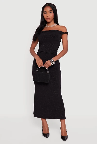Glitter Off the Shoulder Twist Strap Ruched Side Dress