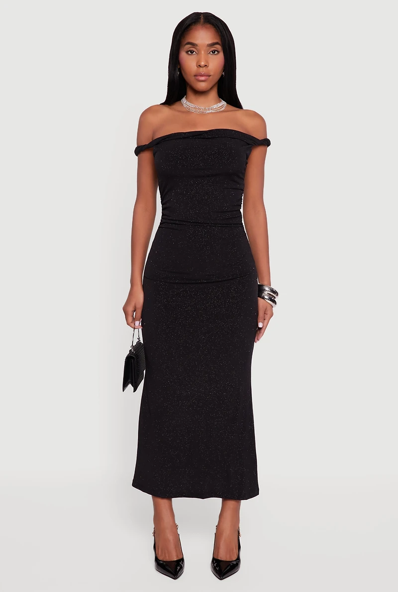 Glitter Off the Shoulder Twist Strap Ruched Side Dress