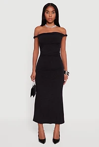 Glitter Off the Shoulder Twist Strap Ruched Side Dress