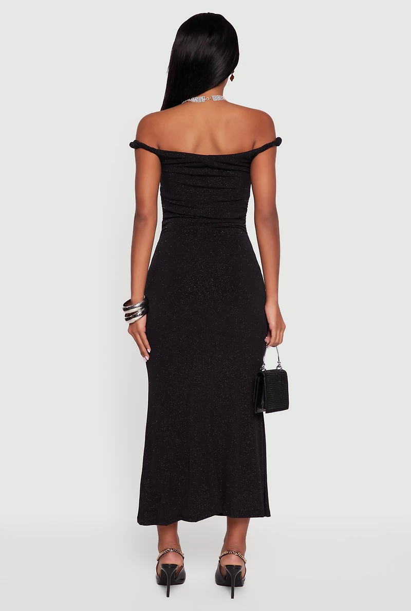 Glitter Off the Shoulder Twist Strap Ruched Side Dress