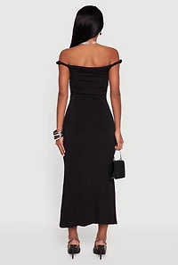 Glitter Off the Shoulder Twist Strap Ruched Side Dress