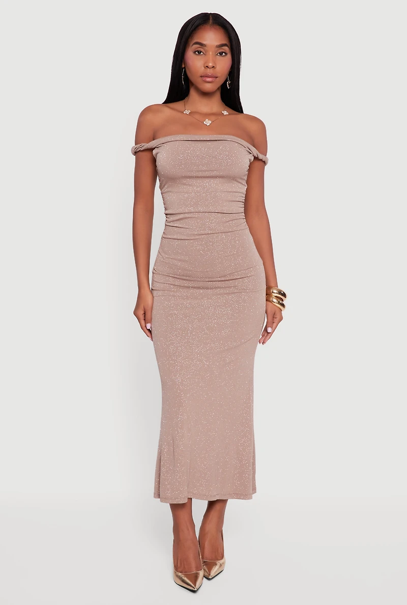 Glitter Off the Shoulder Twist Strap Ruched Side Dress