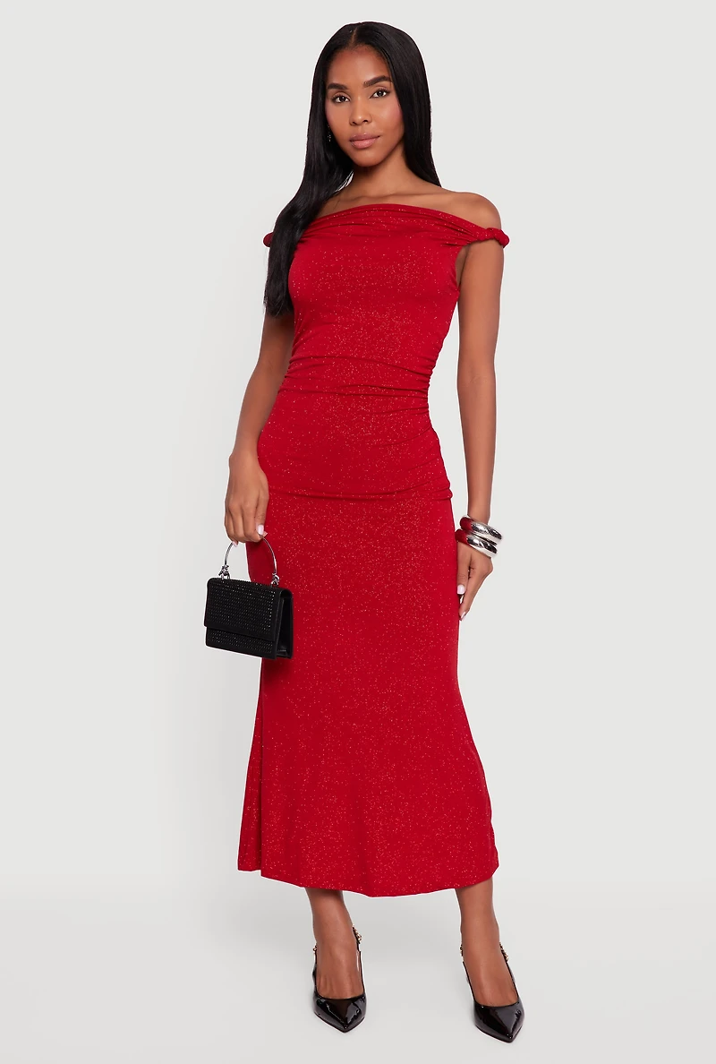 Glitter Off the Shoulder Twist Strap Ruched Side Dress