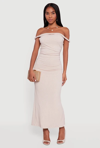 Glitter Off the Shoulder Twist Strap Ruched Side Dress